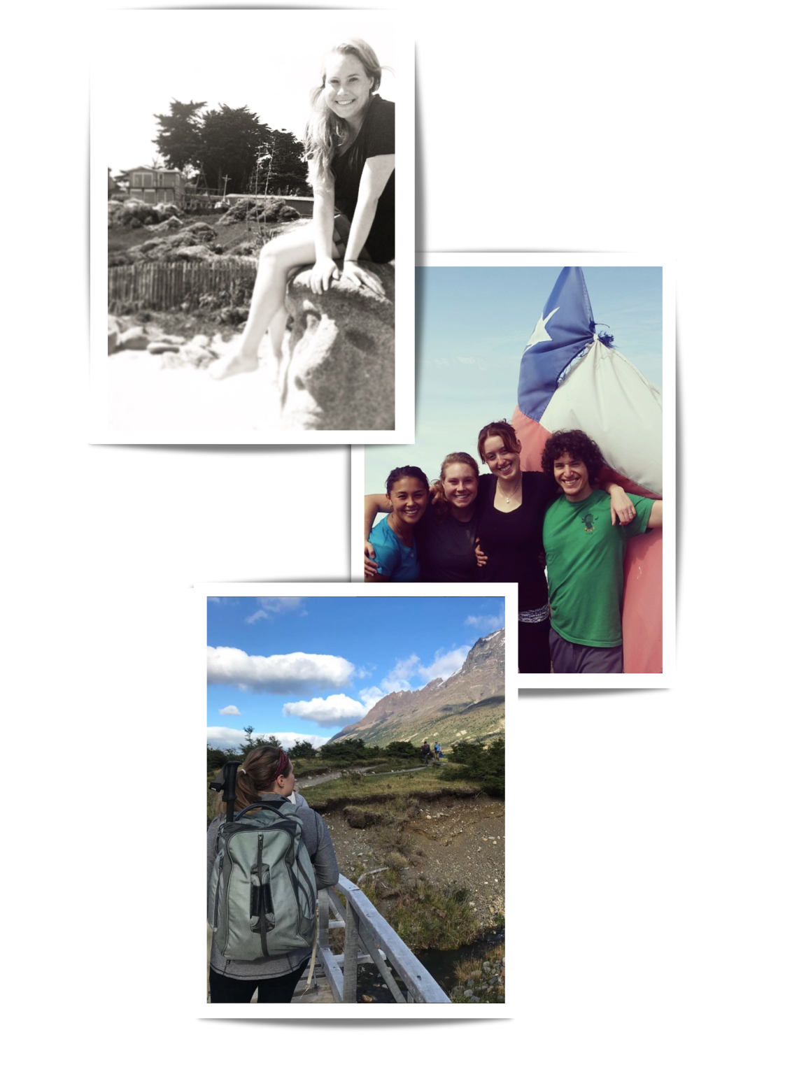 Chantel having fun at Pablo Neruda's House in Isla Negra and with friends at Cerro Manquehue, Santiago, and hiking at Torres del Paine.