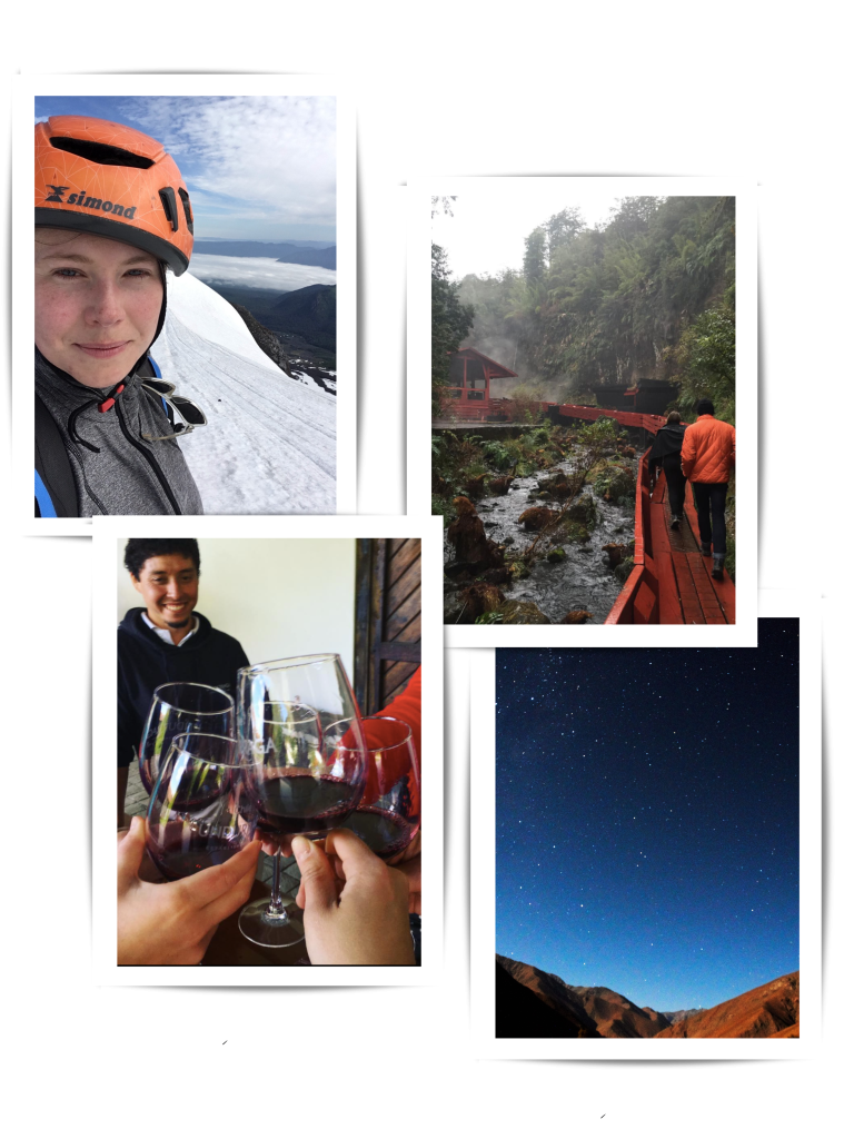 Exploring Chile, hiking on Villarrica Volcano, visiting Termas Geometricas in Villarrica, Chile. Wine tour at Undurraga. And Valle del Elqui.