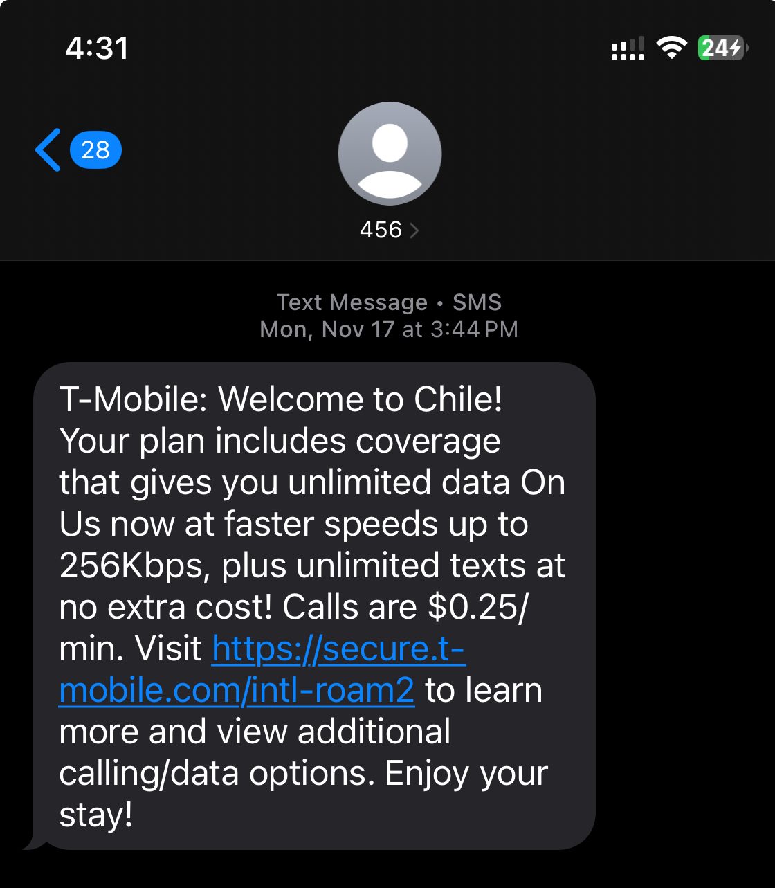 Screenshot showing Tmobile's roaming welcome message in Chile
