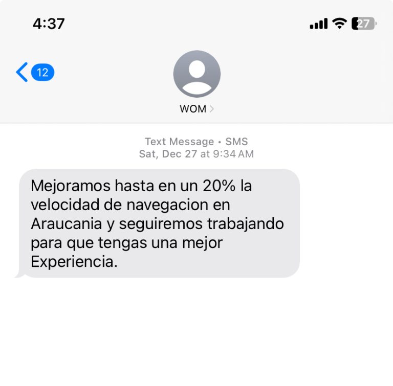 Text Message from WOM stating that they've improved speed and coverage in the south of Chile