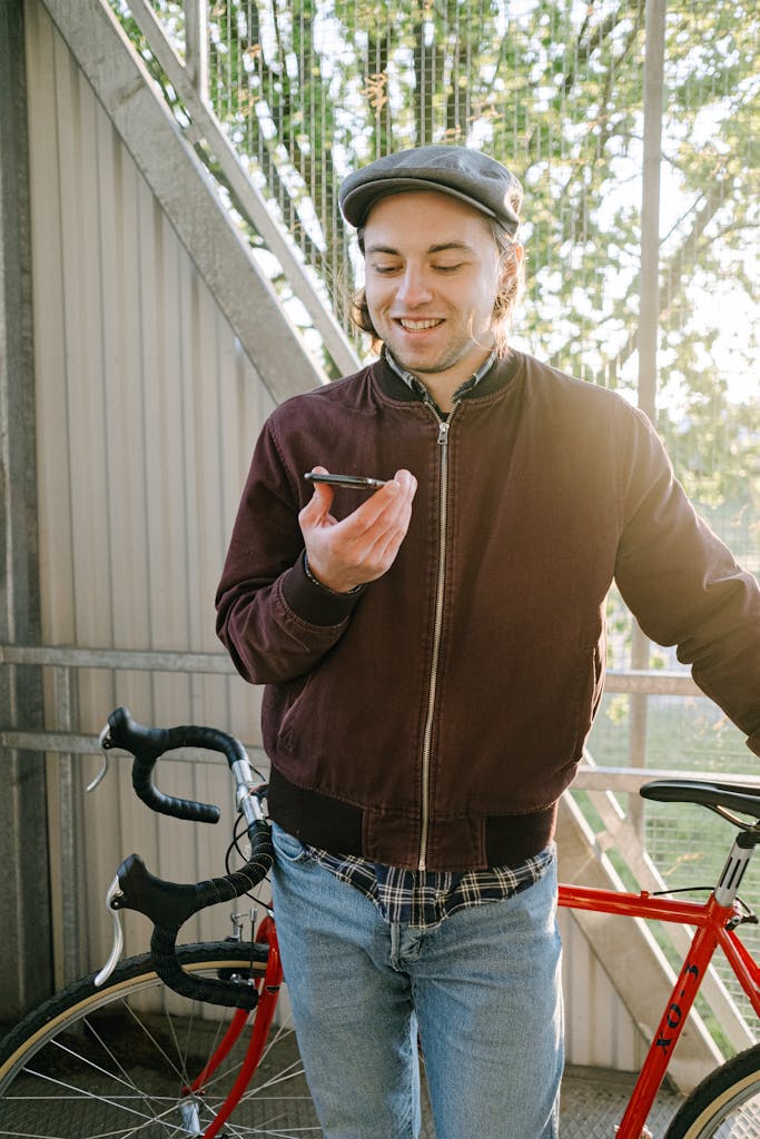 Smiling young man holding smartphone next to red bicycle outdoors. He may be using a travel eSIM as he travels through Chile.