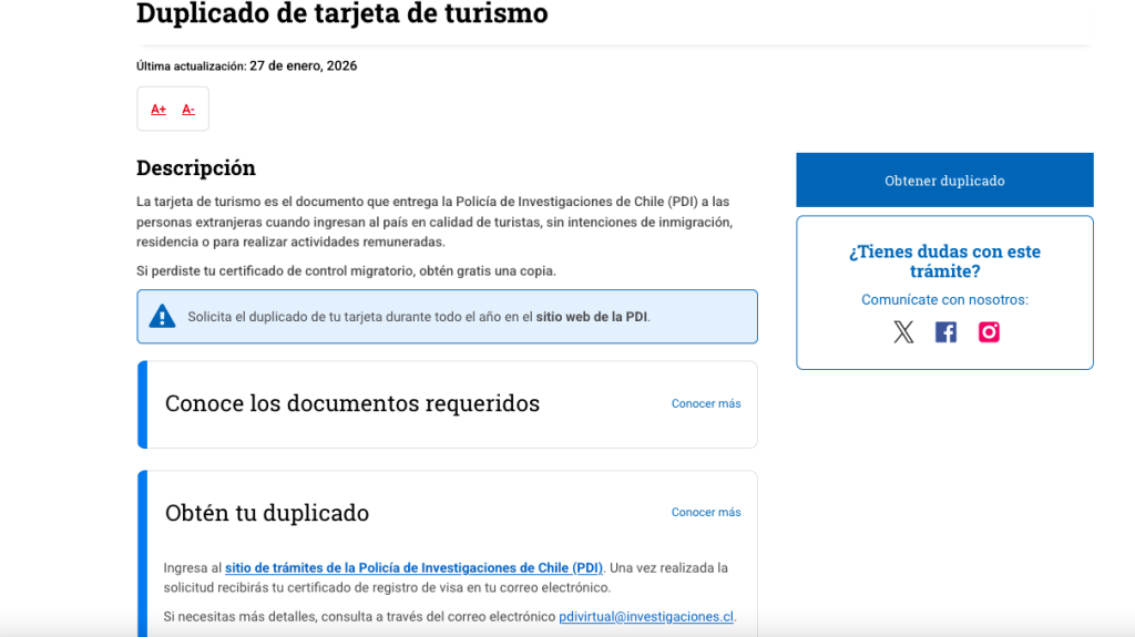 Requesting a duplicate tourist card on the Chile Atiende website. 