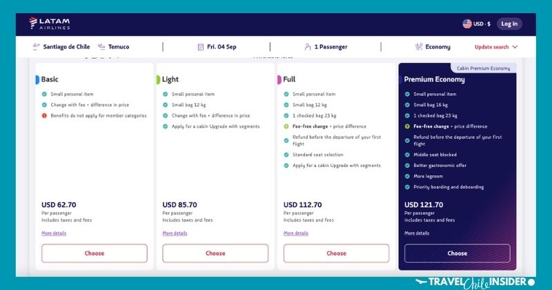 Screen shot showing Latam's airfare pricing tiers for flights from Santiago to Temuco.